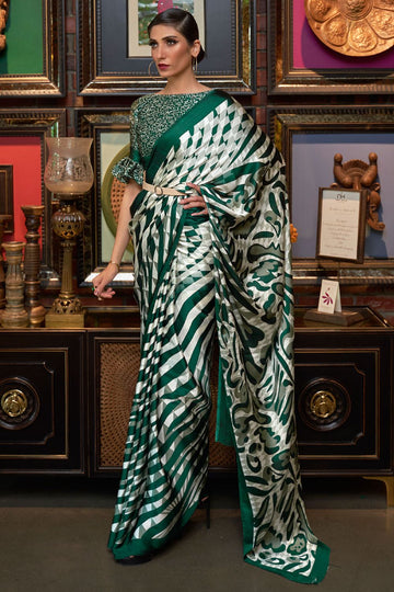 White and Pine Green Digital Printed Crepe Party Wear Saree