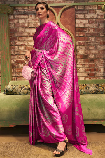 Magenta and Mint Green Digital Printed Crepe Party Wear Saree