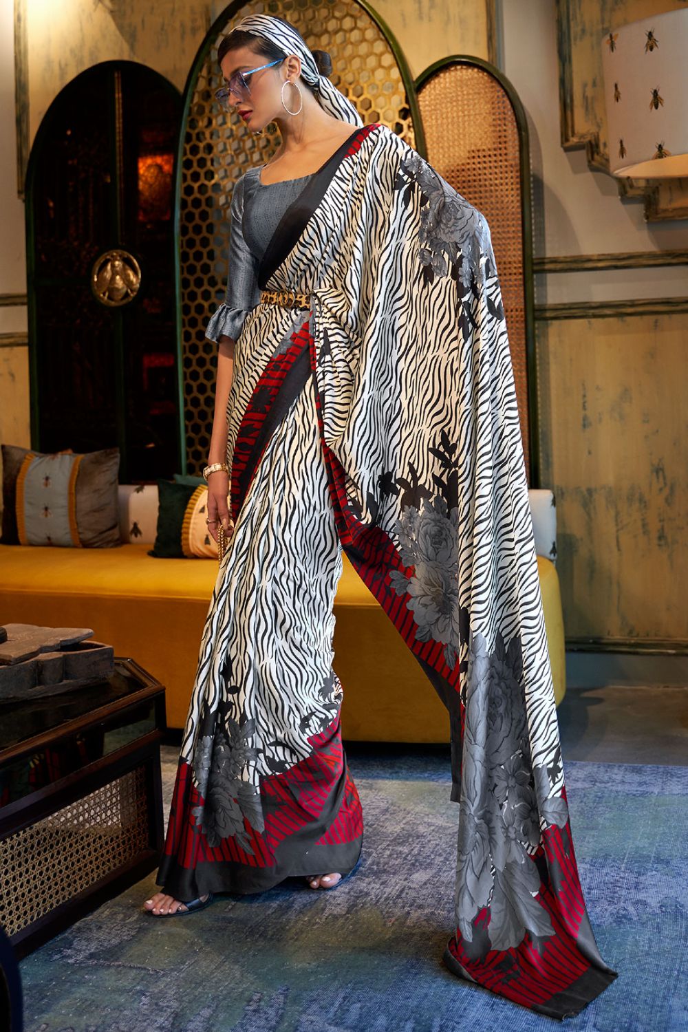 White Digital Printed Crepe Party Wear Saree