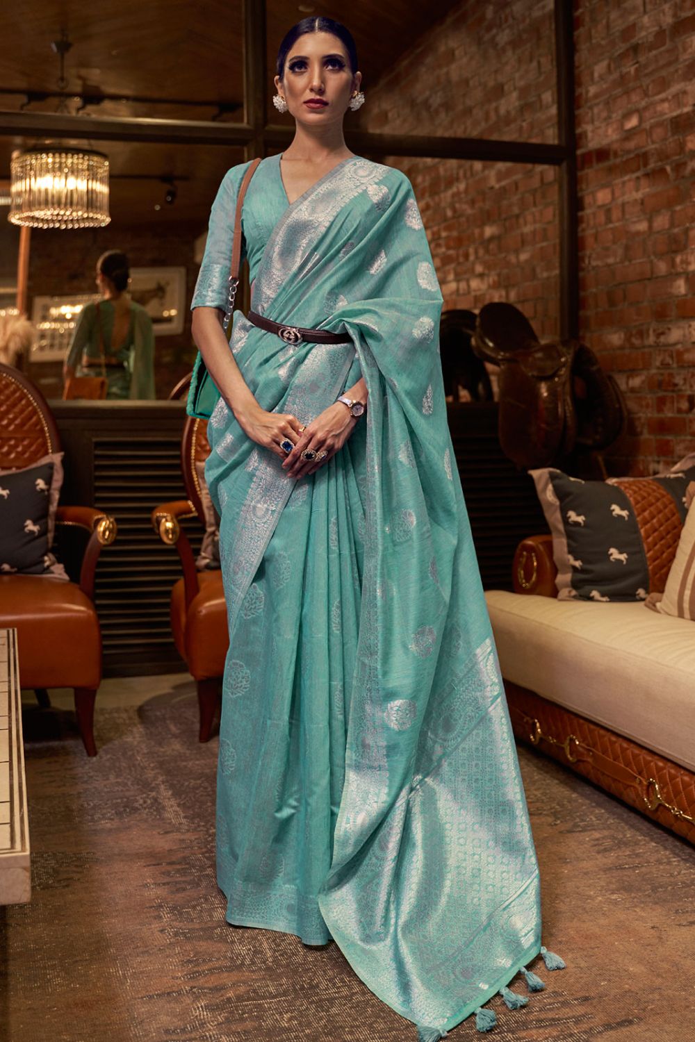 Dusty Green Pure Linen Weaving Saree for Festival