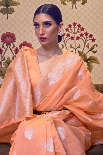 Peach Orange Pure Linen Weaving Saree for Festival