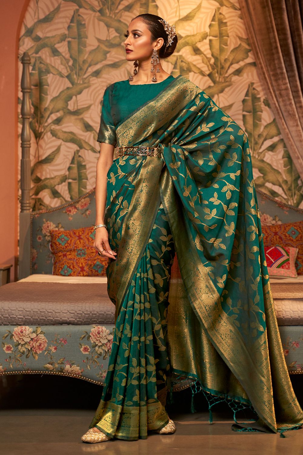 Pine Green Woven Chinnon Silk Saree for Party