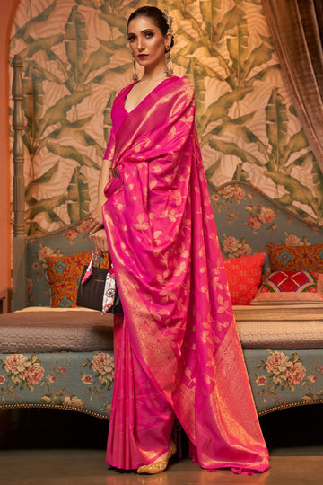 Rani Pink Woven Chinnon Silk Saree for Party