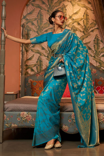 Azure Blue Woven Chinnon Silk Saree for Party