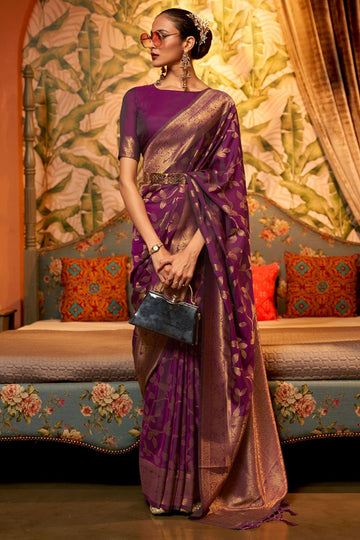 Burgundy Woven Chinnon Silk Saree for Party