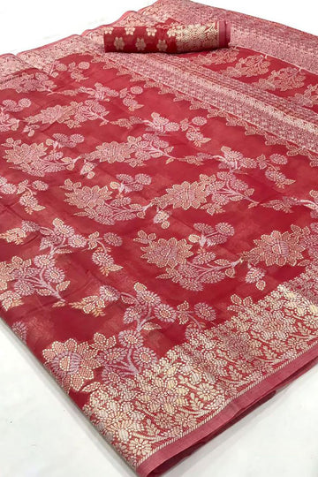 Rouge Pink Handloom Zari Woven Saree for Festival