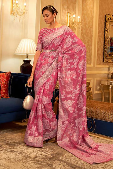 Rouge Pink Handloom Zari Woven Saree for Festival