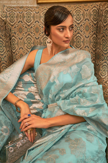 Ice Blue Woven Handloom Silk Saree for Party