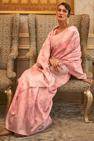 Rose Pink Woven Handloom Silk Saree for Party