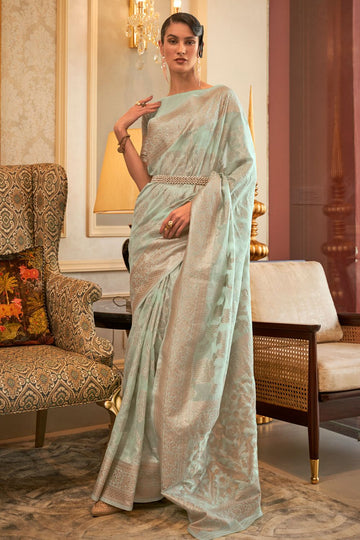 Ice Mint Woven Handloom Silk Saree for Party