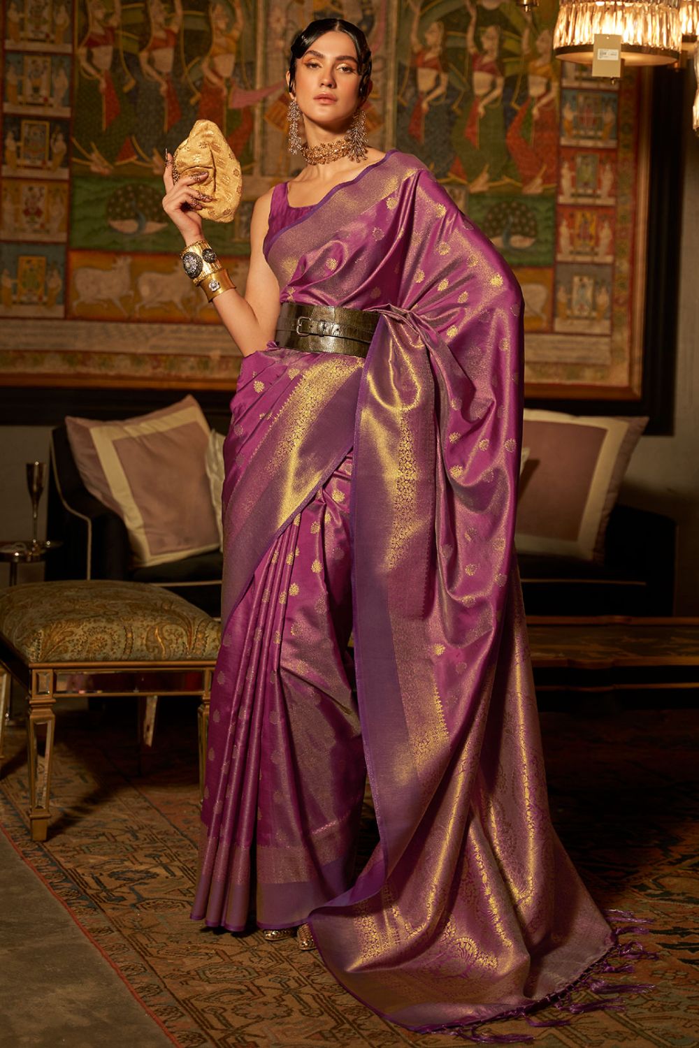 Purple Handloom Weaving Silk Saree for Festival