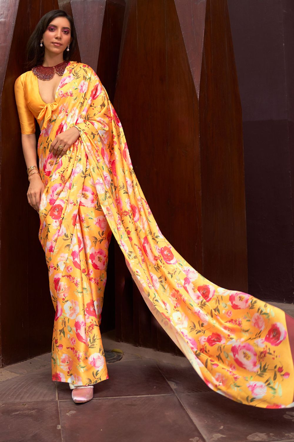 Golden Yellow Floral Print Satin Crepe Casual Wear Saree