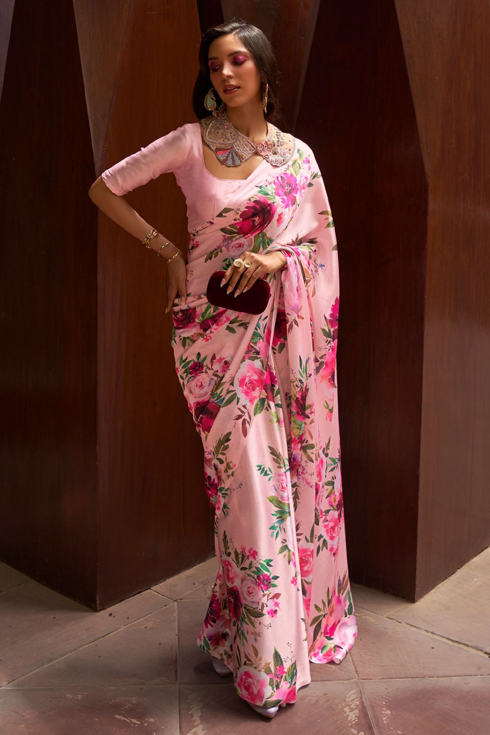 Rose Pink Floral Print Satin Crepe Casual Wear Saree