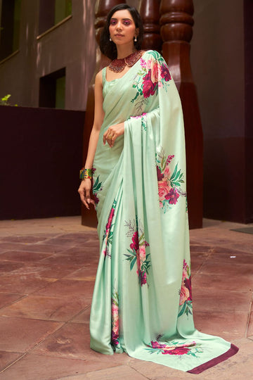 Ice Mint Floral Print Satin Crepe Casual Wear Saree