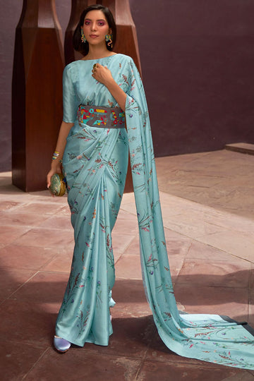 Mint Blue Floral Print Satin Crepe Casual Wear Saree