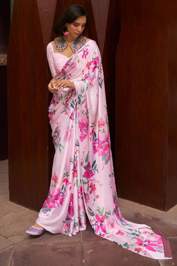 Blush Pink Floral Print Satin Crepe Casual Wear Saree