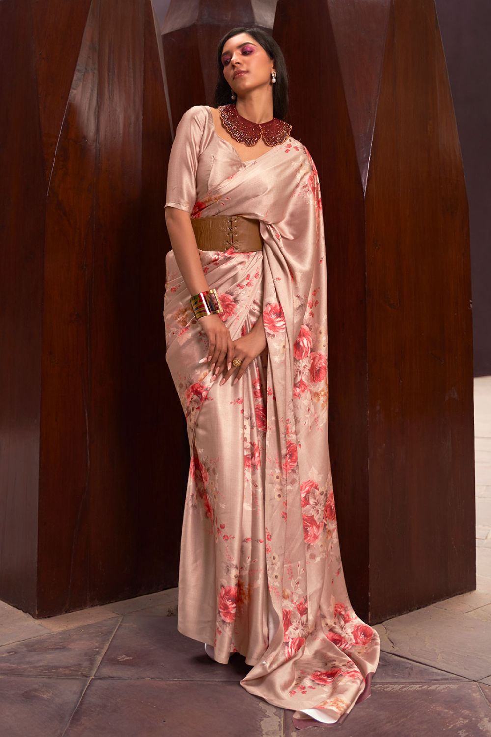 Beige Floral Print Satin Crepe Casual Wear Saree