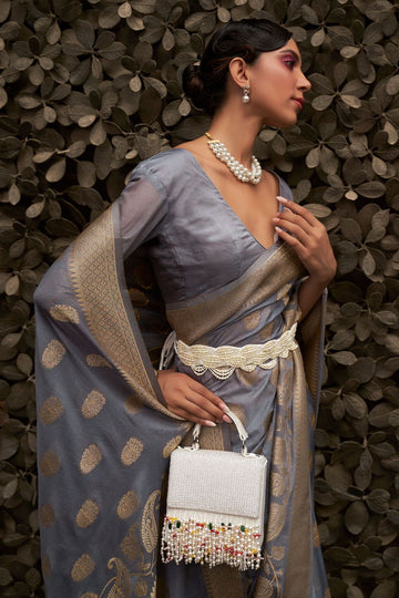 Slate Grey Two Tone Silk Zari Woven Party Wear Saree