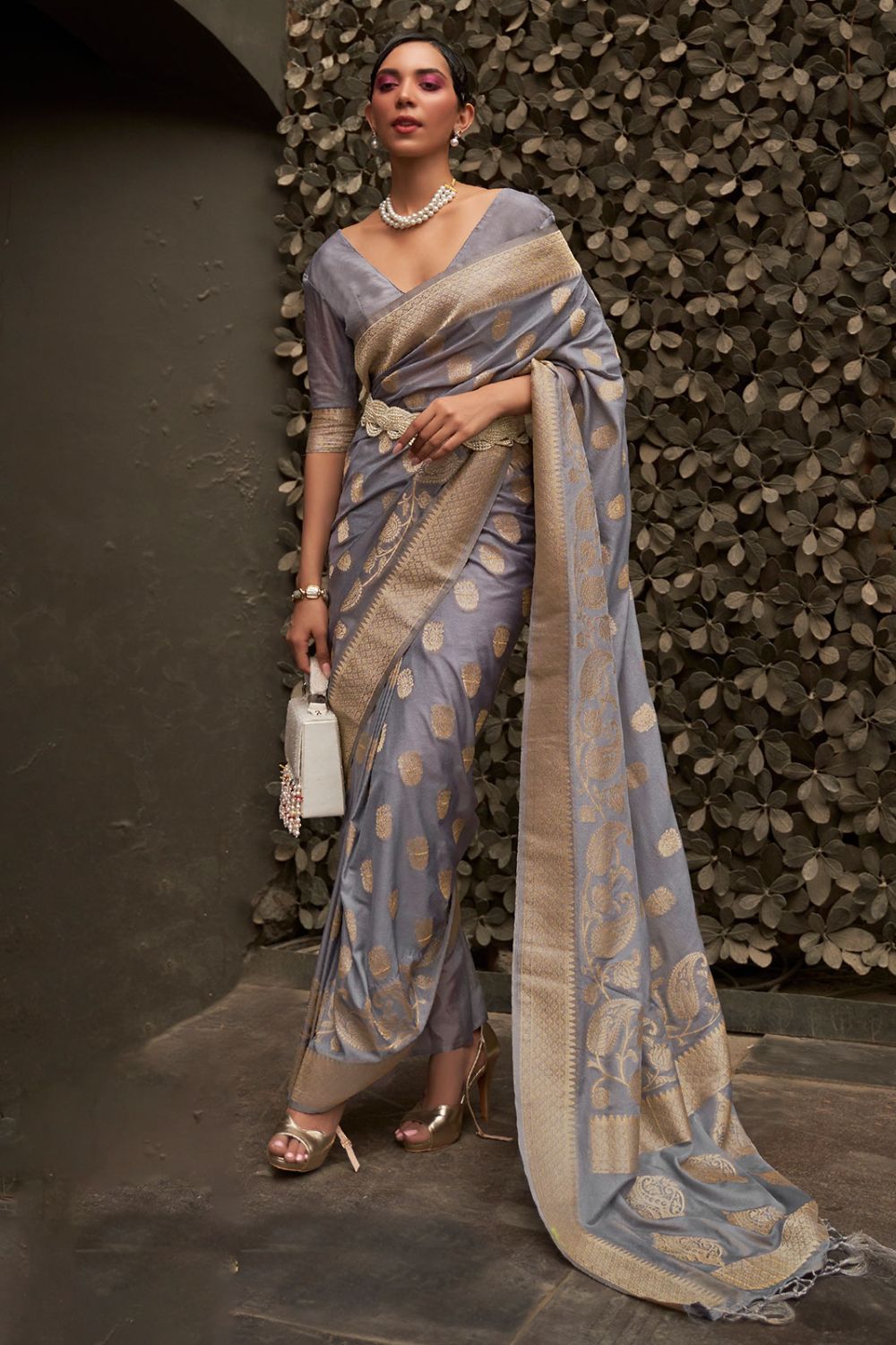 Slate Grey Two Tone Silk Zari Woven Party Wear Saree