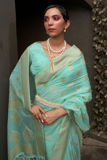 Mint Green Two Tone Silk Zari Woven Party Wear Saree