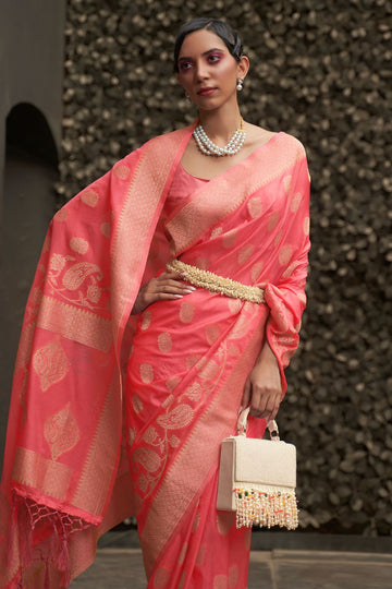 Coral Pink Two Tone Silk Zari Woven Party Wear Saree