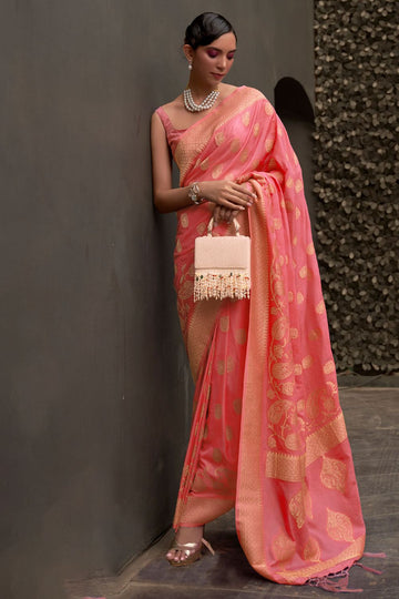 Coral Pink Two Tone Silk Zari Woven Party Wear Saree