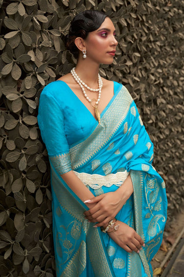 Sky Blue Two Tone Silk Zari Woven Party Wear Saree