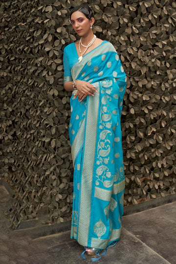 Sky Blue Two Tone Silk Zari Woven Party Wear Saree