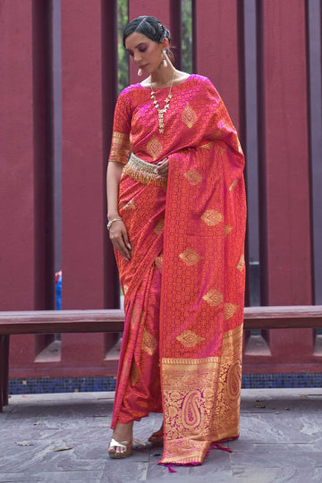 Hot Pink Woven Satin Silk Festival Wear Saree