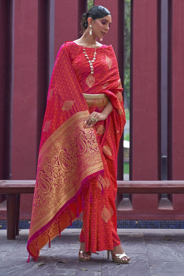 Hot Pink Woven Satin Silk Festival Wear Saree