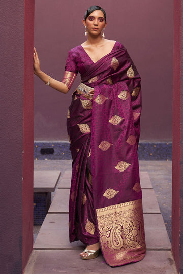 Wine Woven Satin Silk Festival Wear Saree