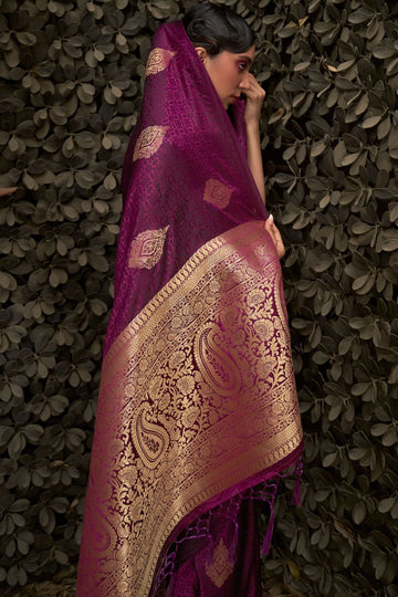 Wine Woven Satin Silk Festival Wear Saree