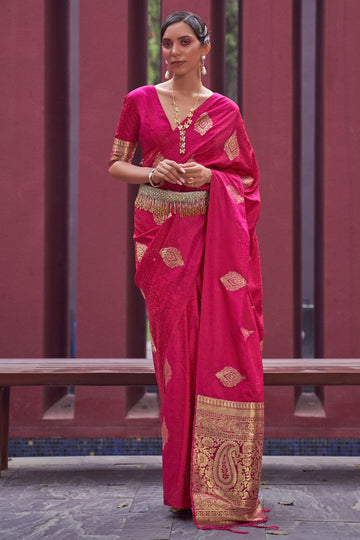 Rani Pink Woven Satin Silk Festival Wear Saree