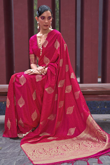 Rani Pink Woven Satin Silk Festival Wear Saree