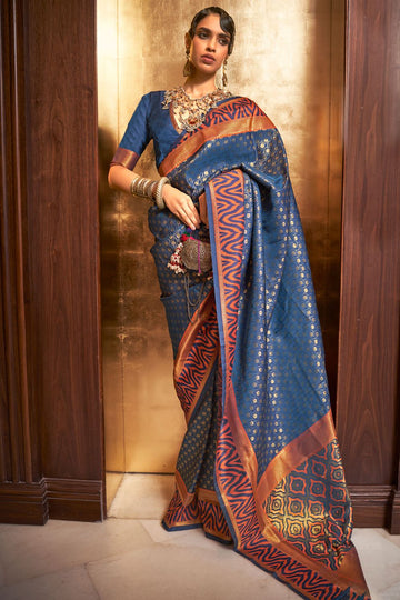 Slate Blue Ikkat Pallu Handloom Silk Saree for Party