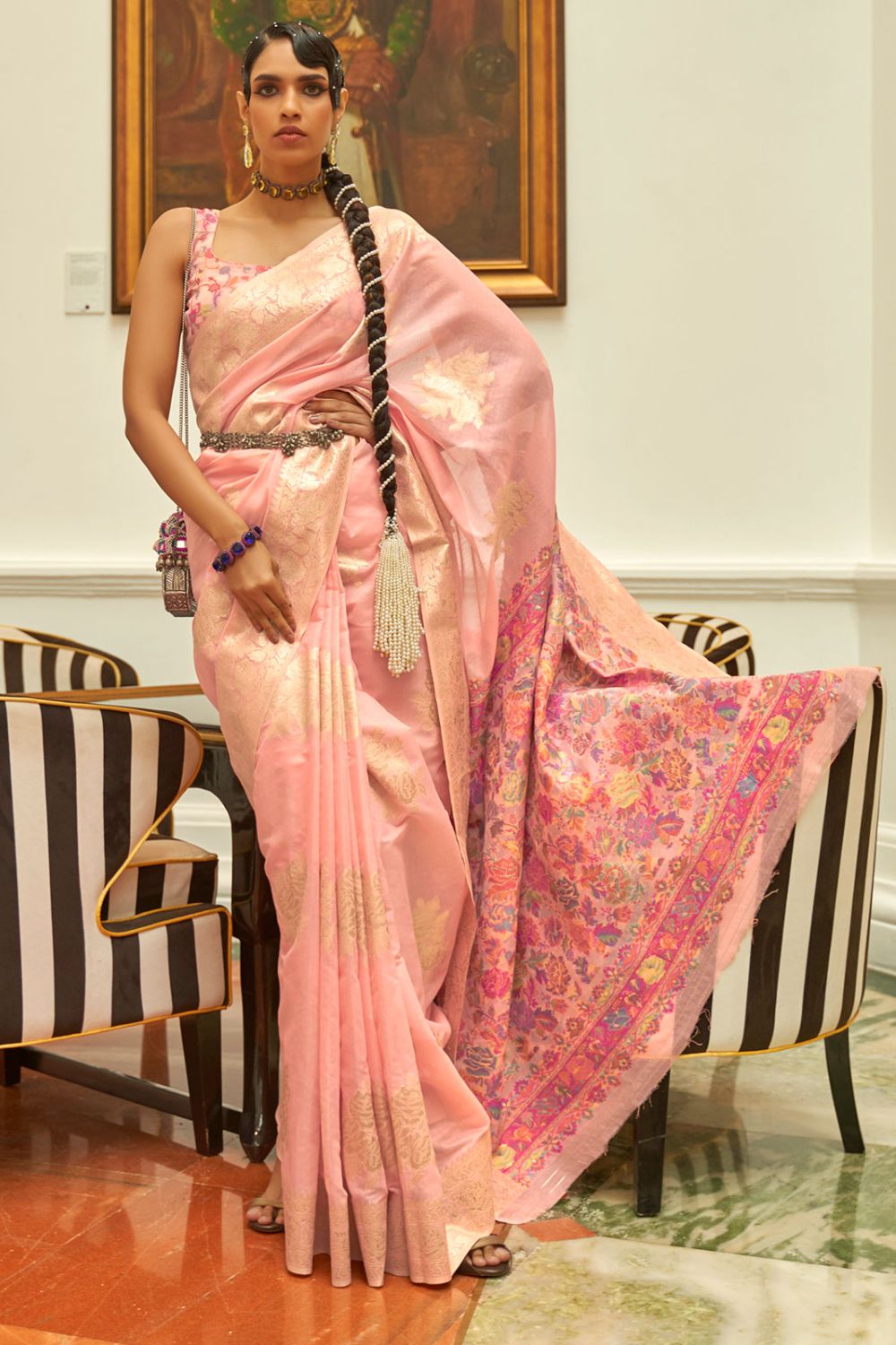 Blush Pink Modal Kashmiri Pallu Festival Wear Saree