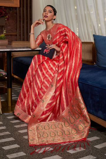 Gajari Red Handloom Woven Organza Festival Wear Saree