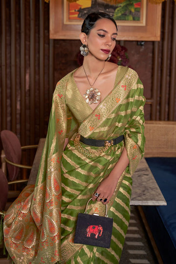 Olive Green Handloom Woven Organza Festival Wear Saree