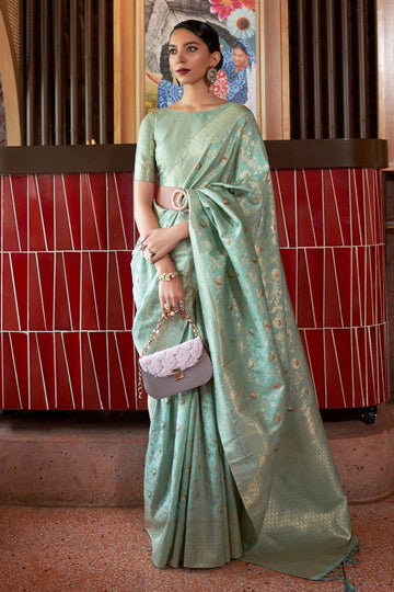 Mint Woven Tussar Handloom Silk Saree for Festival