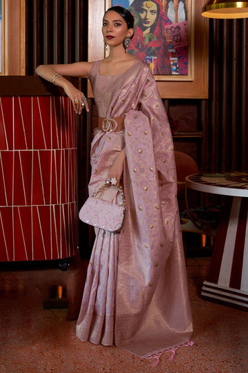 Lilac Pink Woven Tussar Handloom Silk Saree for Festival