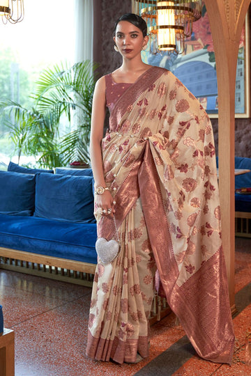 Beige Shimmer Organza Silk Zari woven Party Wear Saree