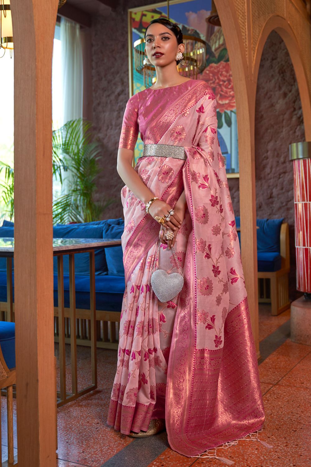 Pink Shimmer Organza Silk Zari woven Party Wear Saree