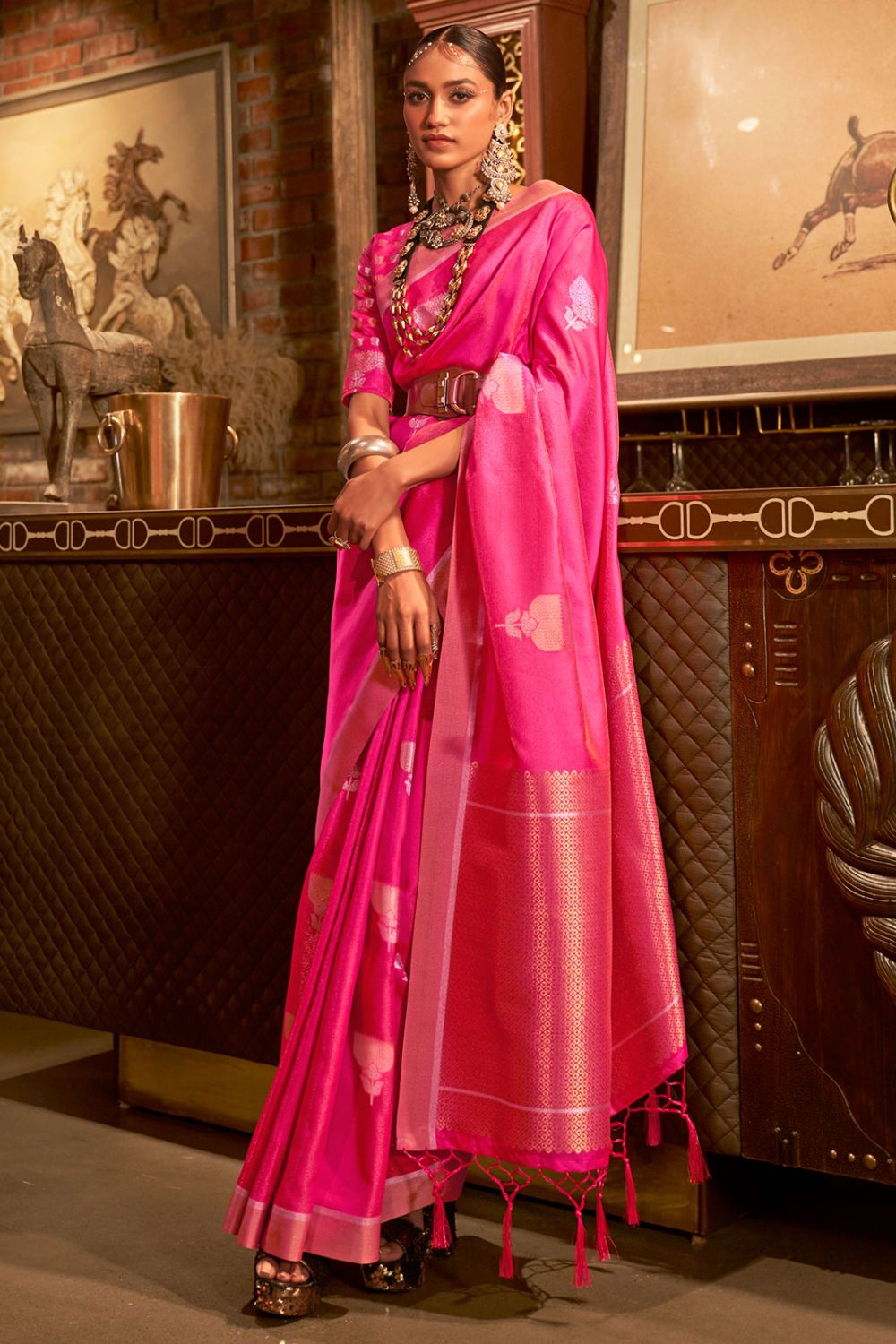 Rani Pink Handloom Weaving Silk Party Wear Saree