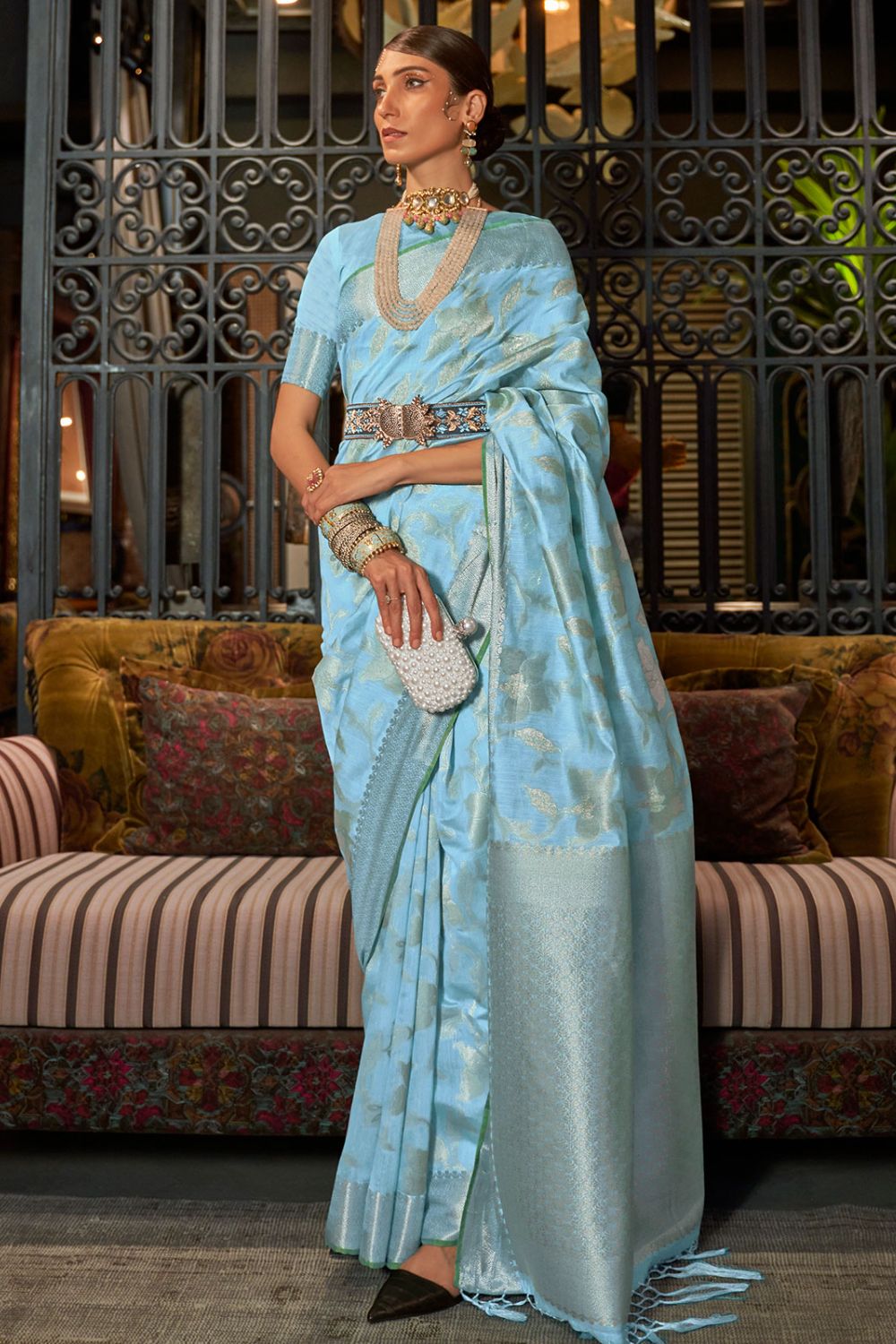 Aqua Blue Pure Handloom Weaving Silk Party Wear Saree