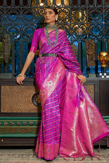 Magenta and Purple Handloom Weaving Pure Satin Saree for Festival