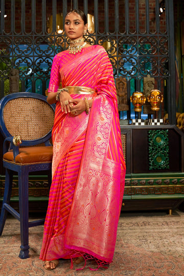 Hot Pink Handloom Weaving Pure Satin Saree for Festival