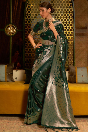 Pine Green Handloom Weaving Pure Satin Saree for Festival