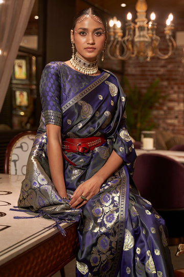 Navy Blue Handloom Weaving Pure Satin Saree for Festival