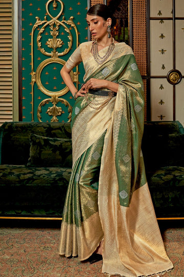 Forest Green Woven Silk Party Wear Saree