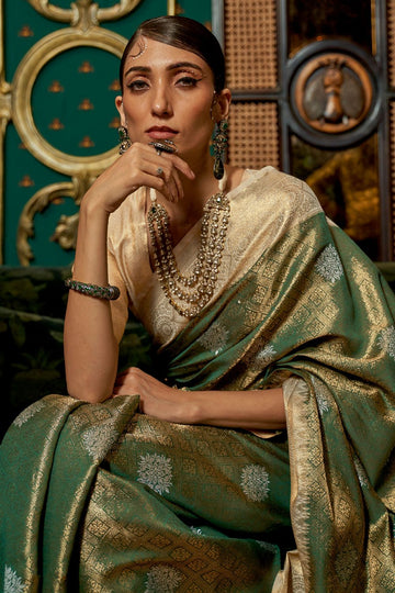 Forest Green Woven Silk Party Wear Saree